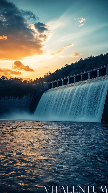 Sunset light washes over a cascading dam and tranquil lake