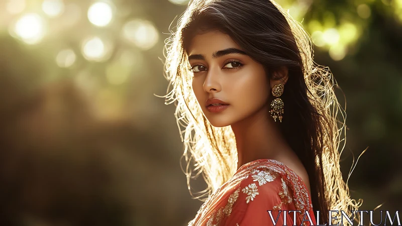 Sunlit portrait of woman in embroidered crimson sari