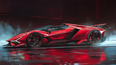 Futuristic red supercar slices through neon-lit urban haze