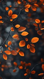 Orange autumn leaves glow against deep blue forest bokeh