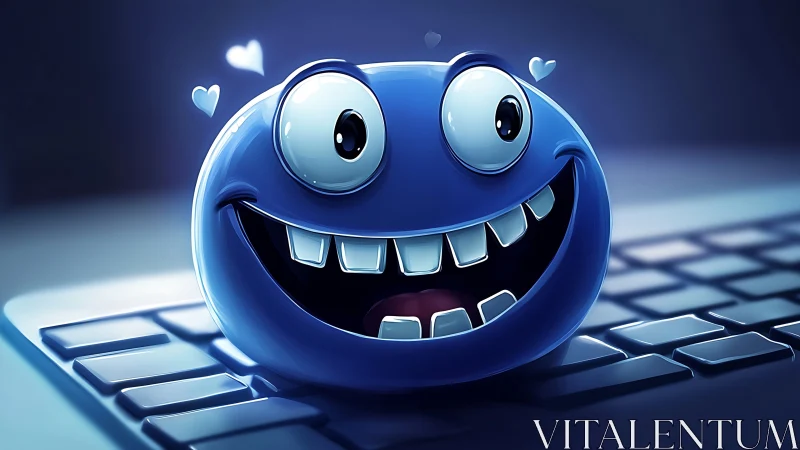 Goofy blue emoji grins widely atop glowing keyboard