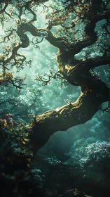 Ancient Tree Canopy Illuminated by Golden Sunlight Through Teal Sky.