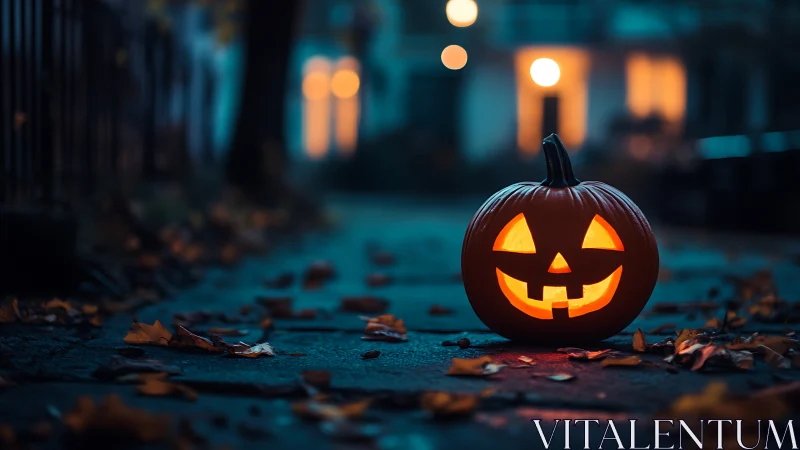 Glowing jack-o’-lantern brightens a moody autumn street scene.