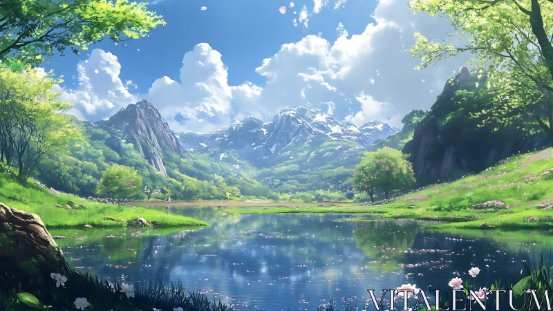 Serene alpine lake mirrors lush valley and towering peaks.