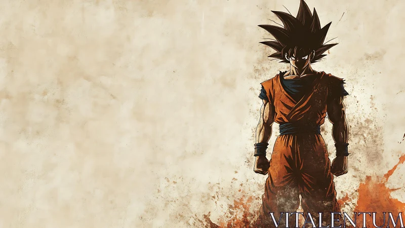 Silhouetted spiky haired warrior in orange gi on grunge field
