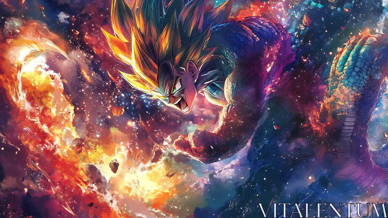 Saiyan warrior ignites cosmic dragon spiral in nebula storm.