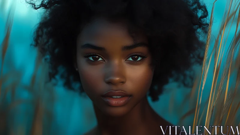 Digital portrait of young woman in teal field setting.