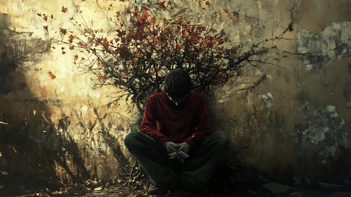 Young man sits against wall with autumn branches behind him