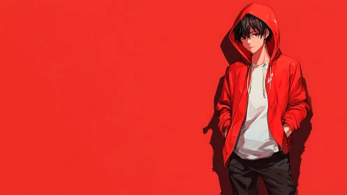 Red-hooded anime teen leans on flat backdrop with hard shadow