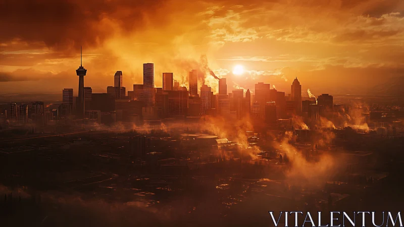 Backlit industrial skyline engulfs a smog-laden urban horizon