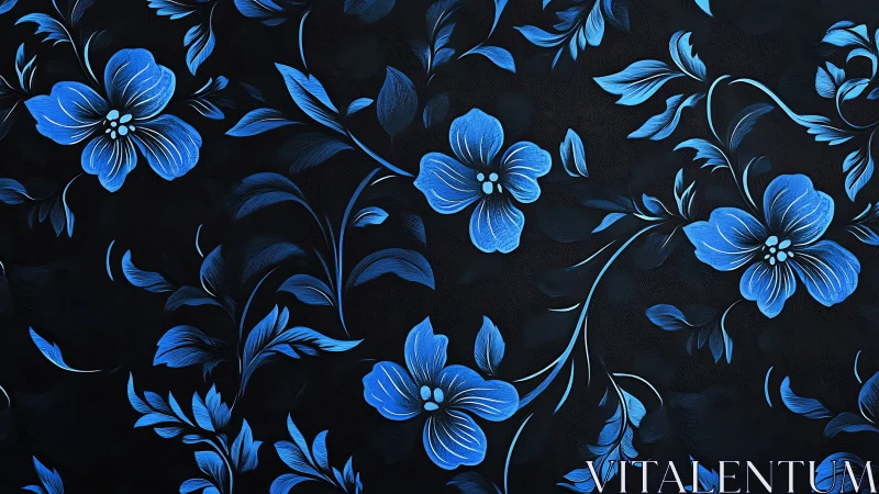 Luminous Blue Flowers Dancing on Black Background