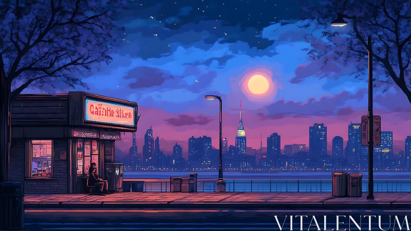 Solitary diner waits at neon cafe beside a glowing riverfront