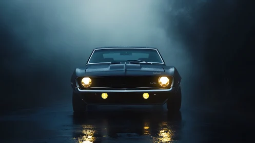 Classic muscle car faces camera on wet foggy night road