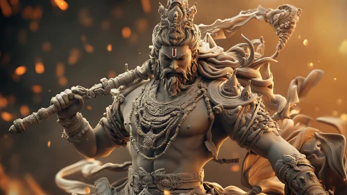 Mythic warrior rendered in ornate 3D sculptural detail