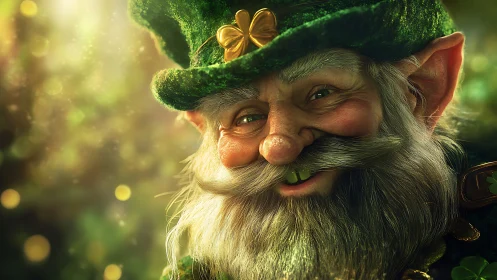Mischief twinkles as a leprechaun grins through golden haze