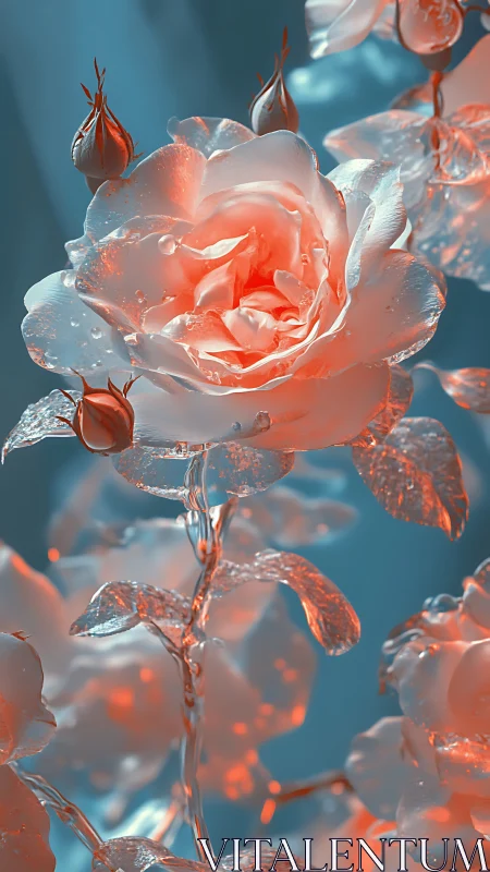Crystalline Rose Bloom with Frost Accumulation and Warm Backlighting.