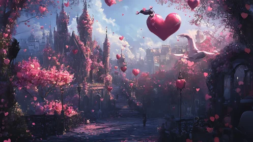 Enchanted Castle Bathed in Floating Hearts and Cherry Blossoms