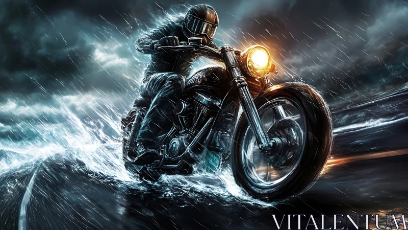 Motorcyclist rides through wet roadway in heavy storm conditions