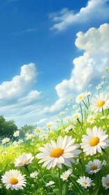 Sunlit daisy meadow dreaming beneath a sweeping summer sky.