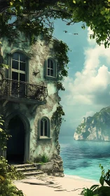 Ivy-covered tower structure positioned beside tropical coastal water