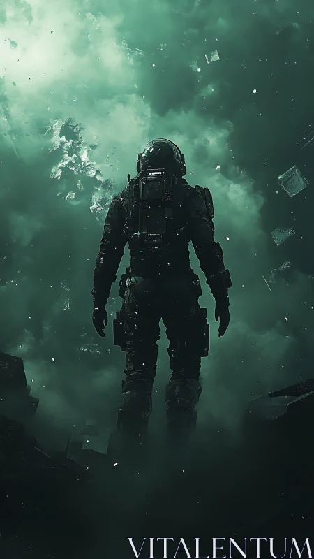 Lone astronaut drifts through emerald cosmic debris field.