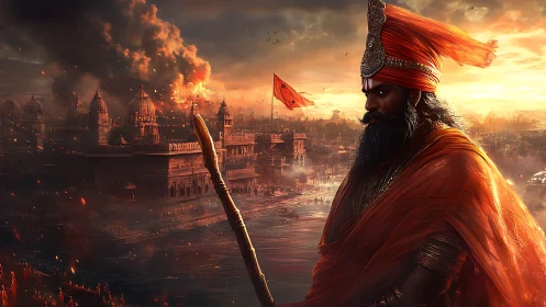 Warrior in orange robes before burning ancient city at dusk.