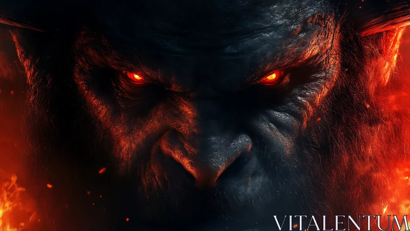 Infernal horned demon close-up with incandescent ember eyes