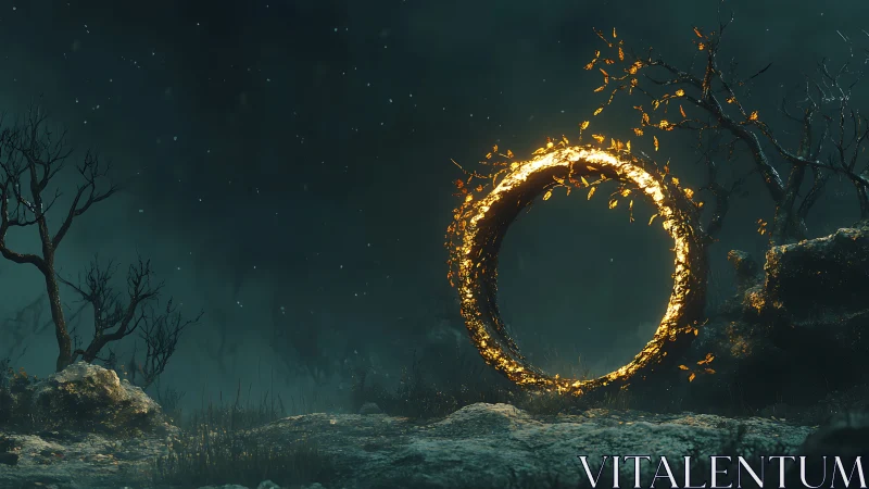 Glowing circular structure is suspended in a sparse rocky landscape