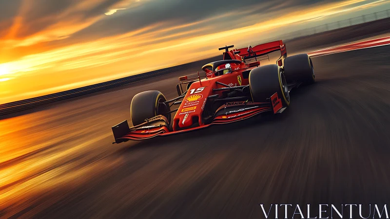 Sunset-speed red Formula car racing into golden light.