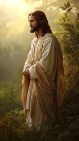 Photorealistic sacred figure in sunlit woodland environment.