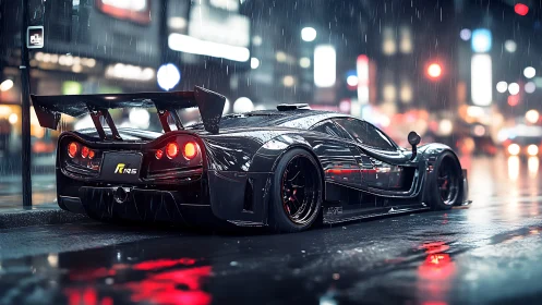 Black racing car on wet neon city street at night in rain.
