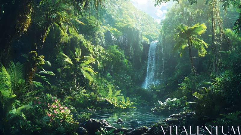 Luminous Jungle Canyon with Cascading Waterfall.