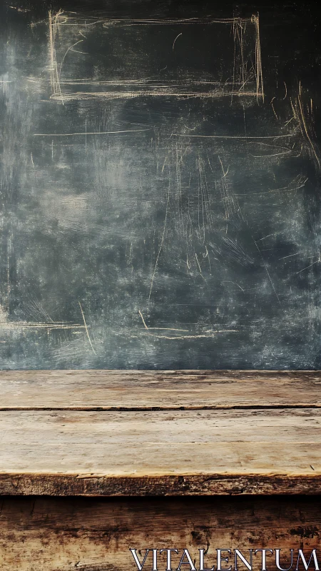 Weathered chalkboard realm above a rustic wooden counter.