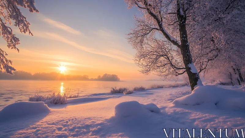 Winter sunrise over frozen lakeshore in pastel light.