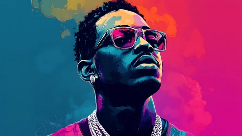 Chromatic vector portrait with neon vapor gradient background.