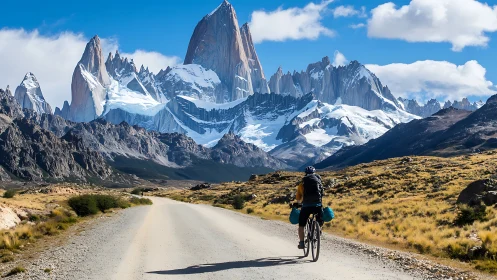 Cyclist rides gravel road toward steep snowy mountain range