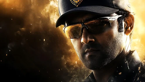 Intense agent portrait against blazing golden light storm.