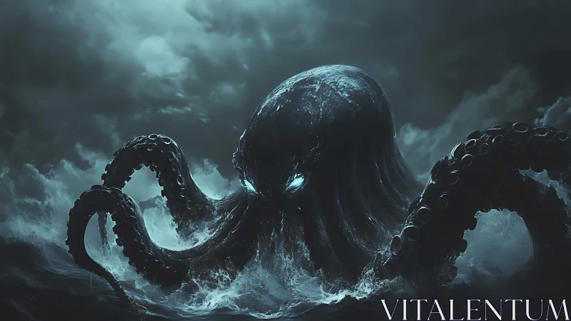 Abyssal bioluminescent kraken emerging from storm-torn sea.