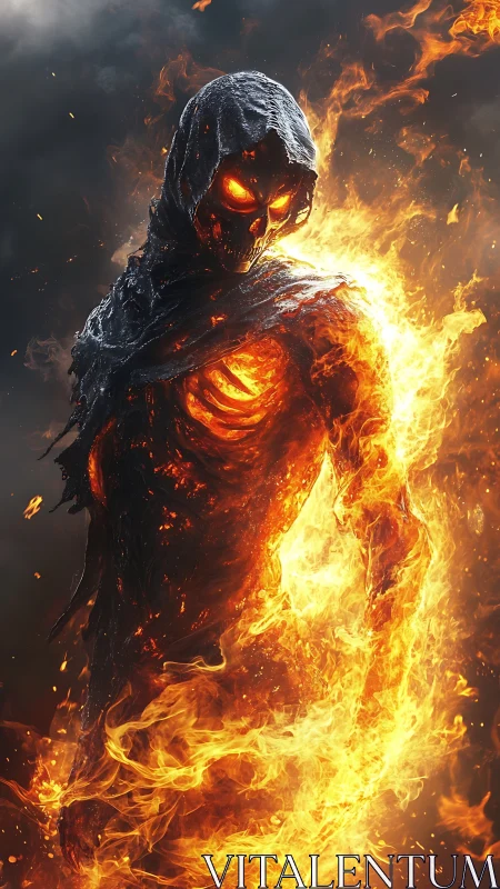 Flaming skeletal humanoid stands in partially charred cloak