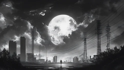Solitary figure under large moon in dark industrial city.