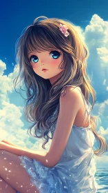 Anime girl with blue eyes sitting by bright summer sky.