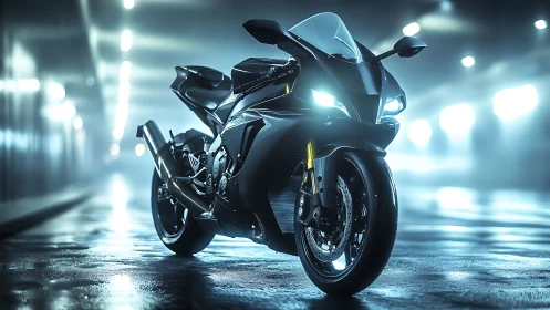 Midnight superbike prowls through neon misted tunnel light