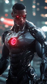 Cyborg figure with illuminated chest core in urban night scene.
