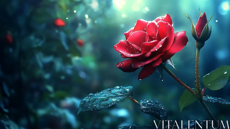 Dew-kissed red rose glows in dreamy blue garden light.