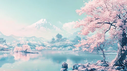 Infrared cherry blossom valley with stratified alpine temple vista.