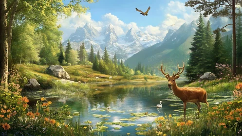 Gentle deer by a mountain lake in a sunlit forest haven.
