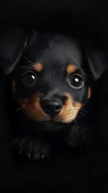 Puppy eyes shine softly from a dark, velvety background.