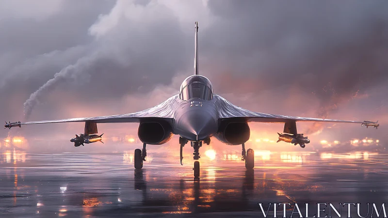 Stealth fighter jet stands poised on a rain-soaked runway.