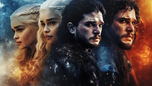 Elemental heroes stand between shimmering fire and frost