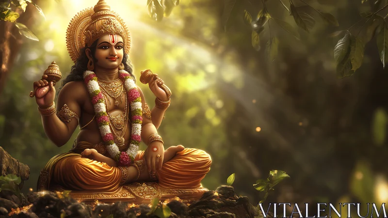 Golden forest deity idol sits in radiant sunlit clearing